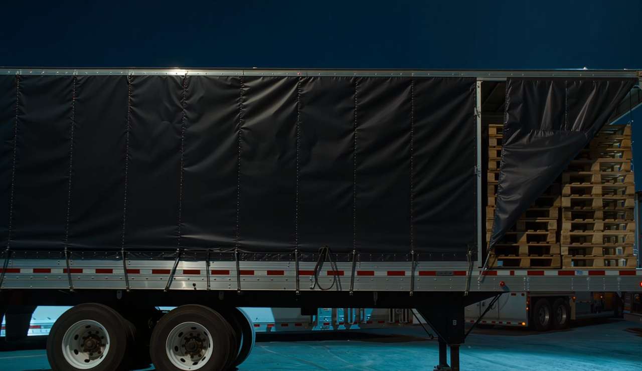 Tarped trailer opened to show palletized cargo at a truck yard