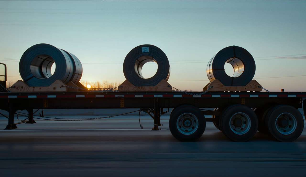 Flatbed trailer carrying steel coils secured with chains at sunrise